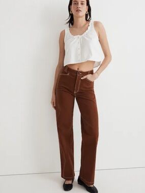 Madewell Emmett Wide Leg Jeans Size 29 Cognac Brown High Rise Contrast Stitch